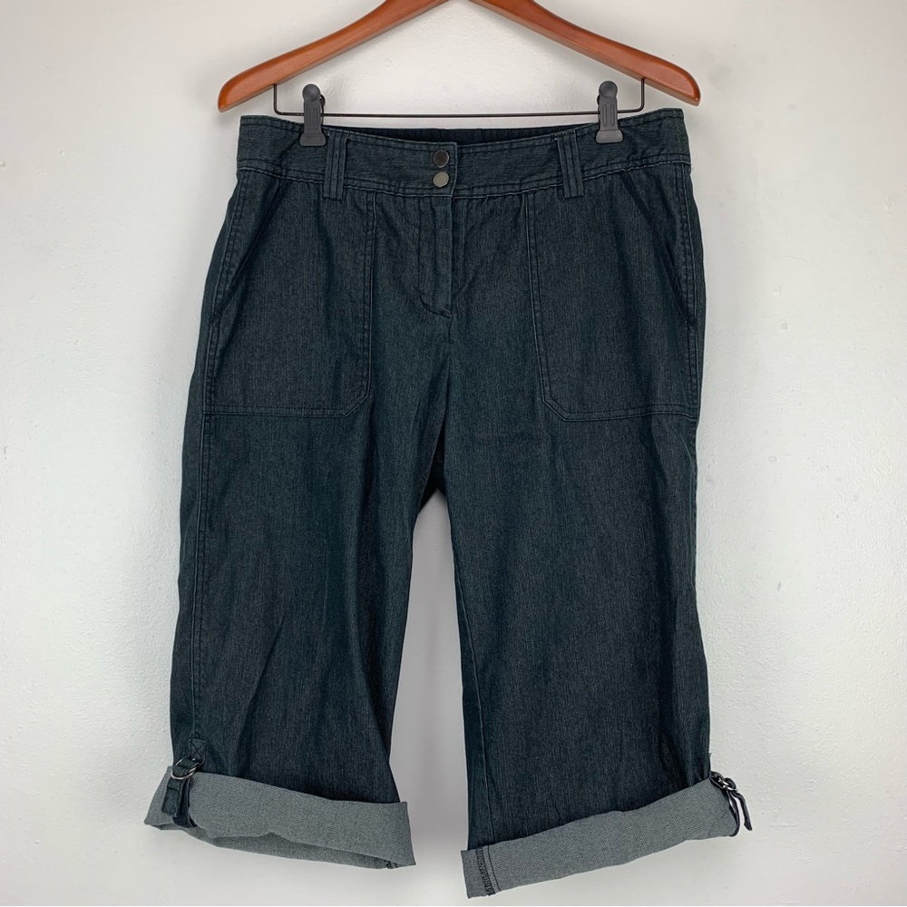 Willi Smith Kate Fit Denim Capri Pants‎ Belted Rolled Cuff Size 12 Flat Front.